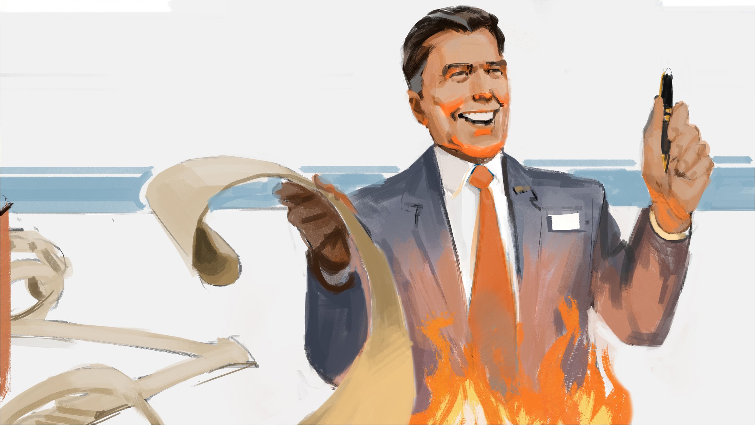  Liar Liar Pants on Fire illustration for Fifth Third Bank ad pitch. Advertising storyboard frame by Paul Temple, Storyboard and Concept Artist. 