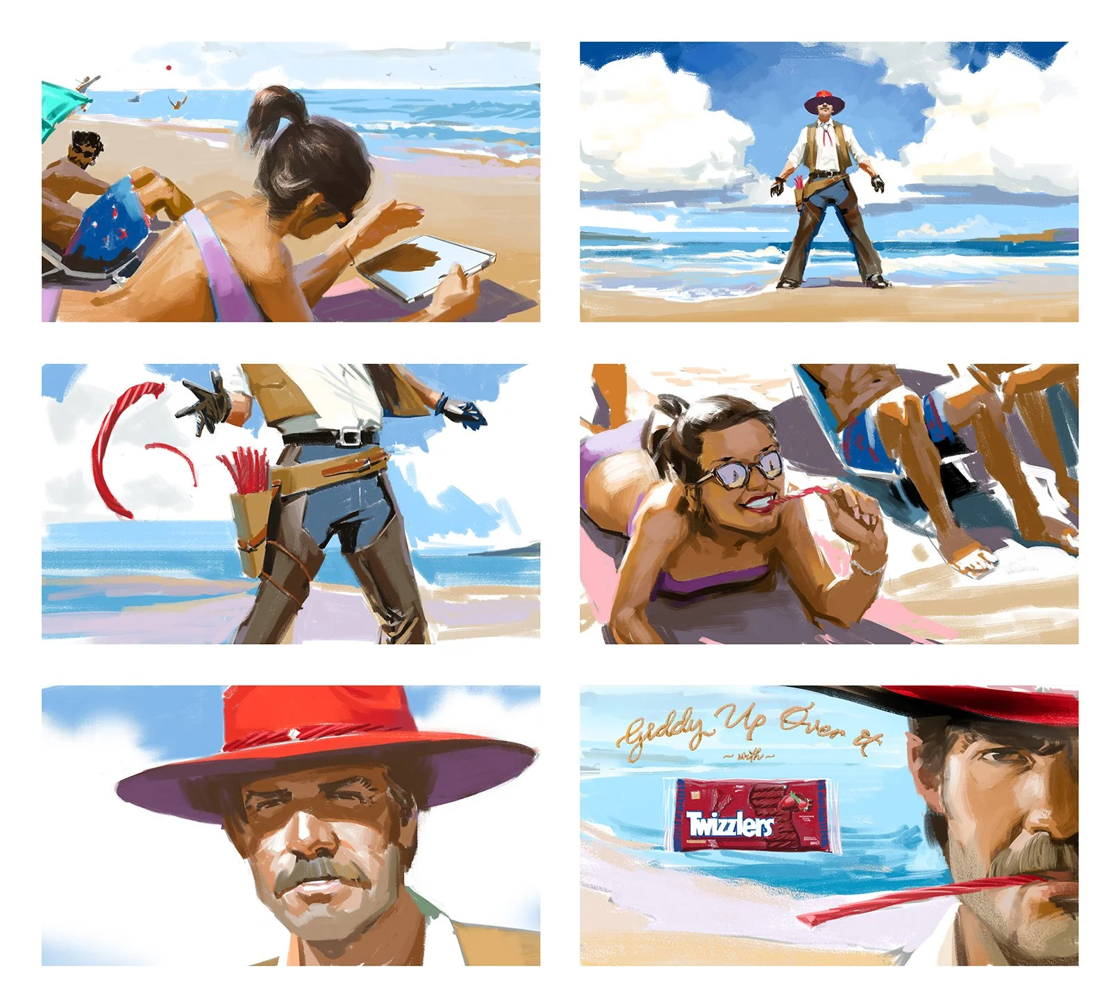  Series of images showing a Twizzler cowboy showing up on the beach for Twizzler, by the Hershey Company, ad pitch presentation boards. Storyboards by Paul Temple, Artist and Illustrator. 