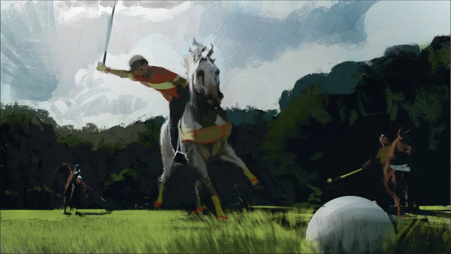  Man playing polo on horse illustration for Canada Dry ad pitch presentation boards. Advertising storyboard frame by Paul Temple, Commercial Storyboard Artist. 