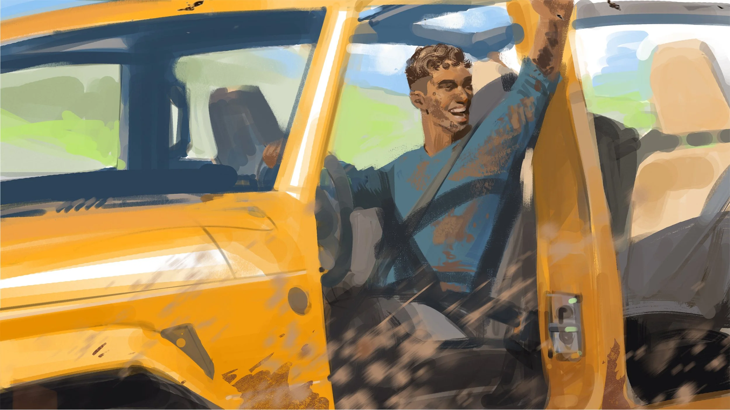  Man drives through mud in yellow jeep illustration for Irish Springs ad pitch. Advertising storyboard frame by Paul Temple, Storyboard and Illustrator.  