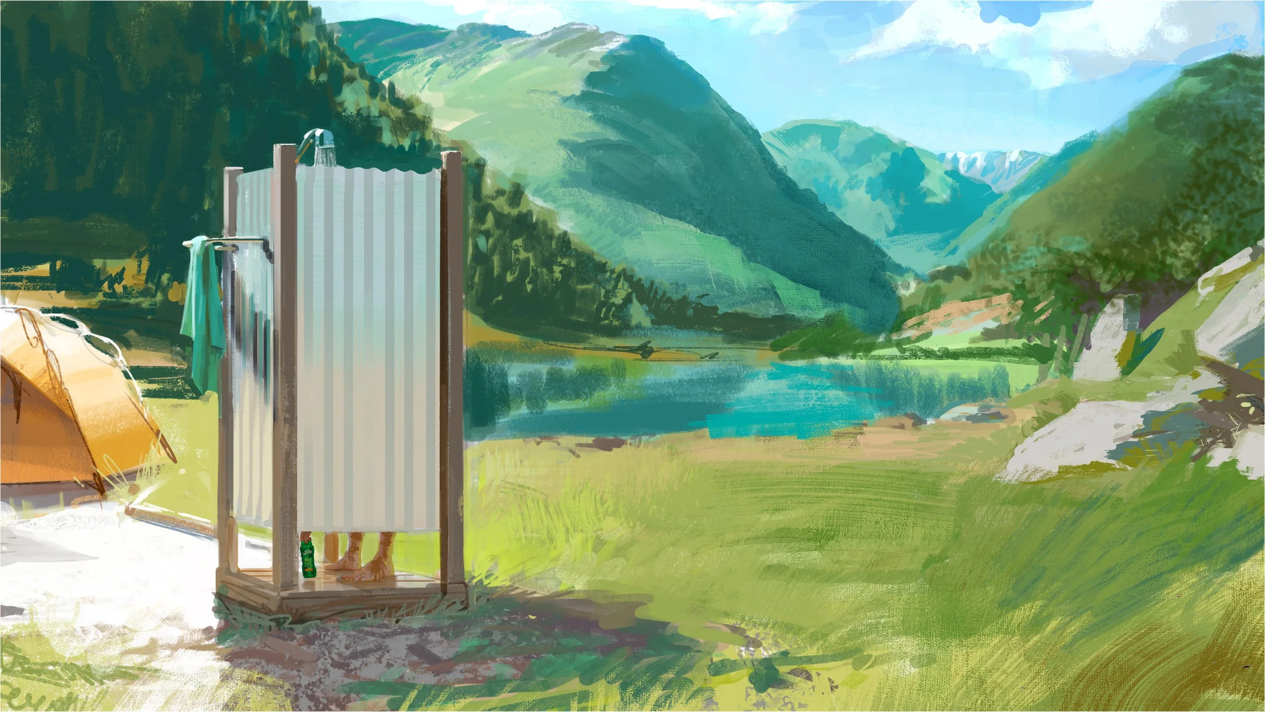  Outdoor shower in beautiful setting for Irish Springs ad pitch. Advertising concept art by Paul Temple, Storyboard Artist and Illustrator. 