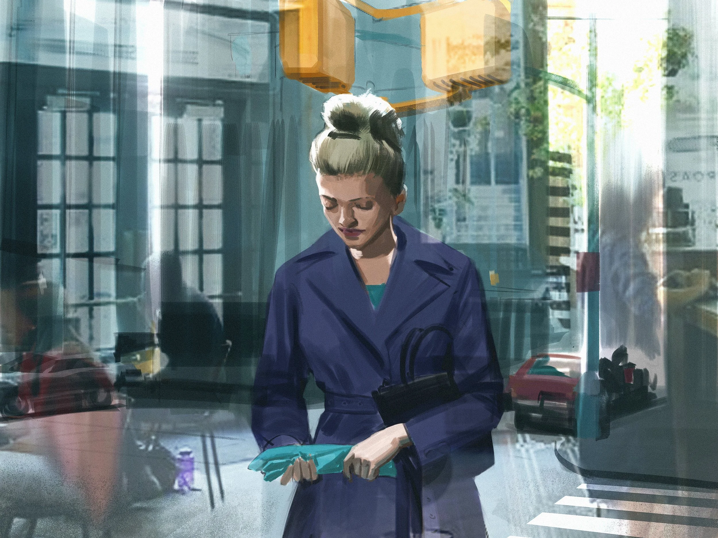  Woman in airline uniform concept art for United Airlines uniform lookbook. Advertising concept art by Paul Temple, Artist.  