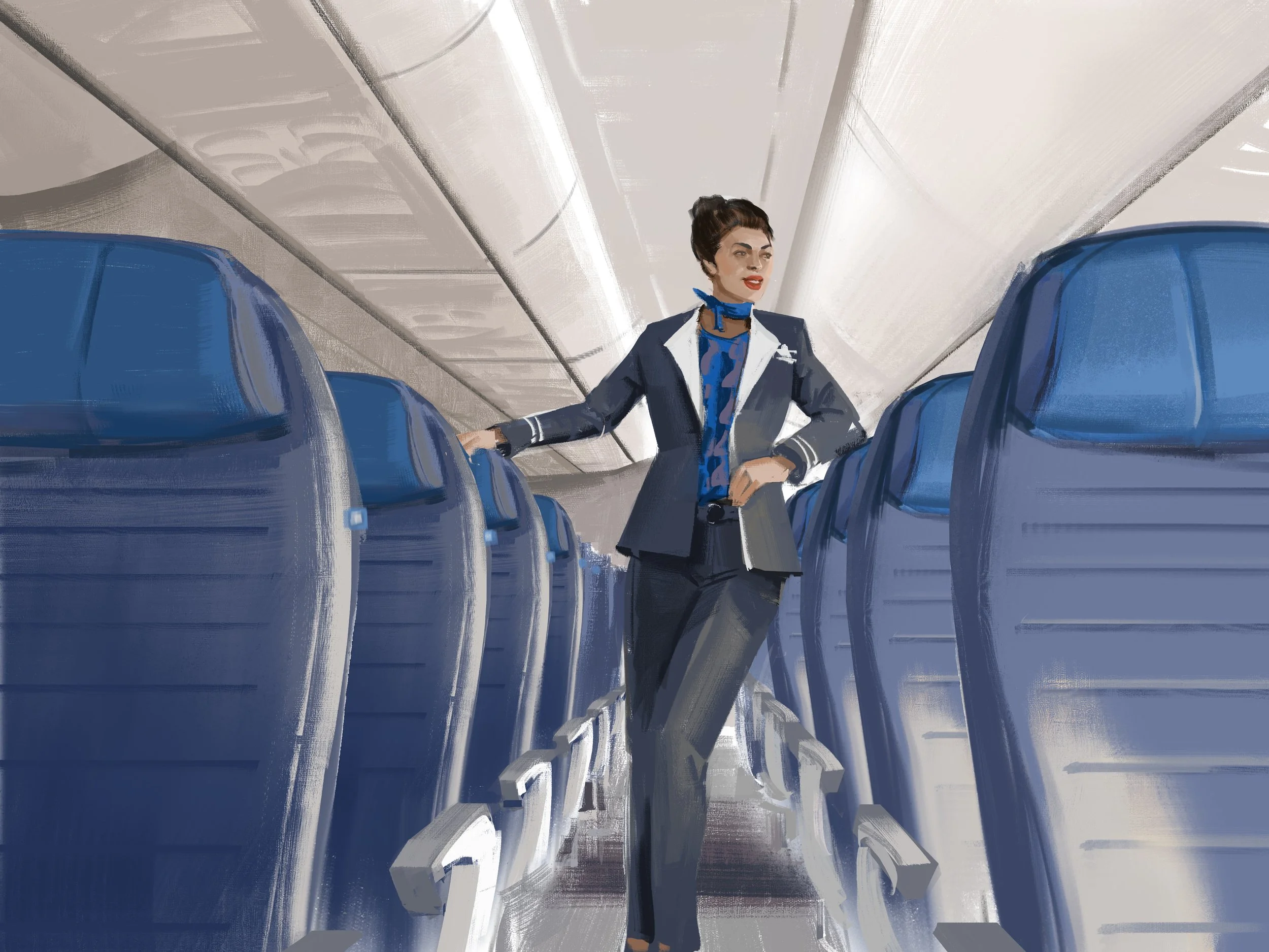  Woman in airline uniform illustration for United Airlines uniform lookbook. Advertising concept art by Paul Temple, Storyboard Artist and Illustrator. 