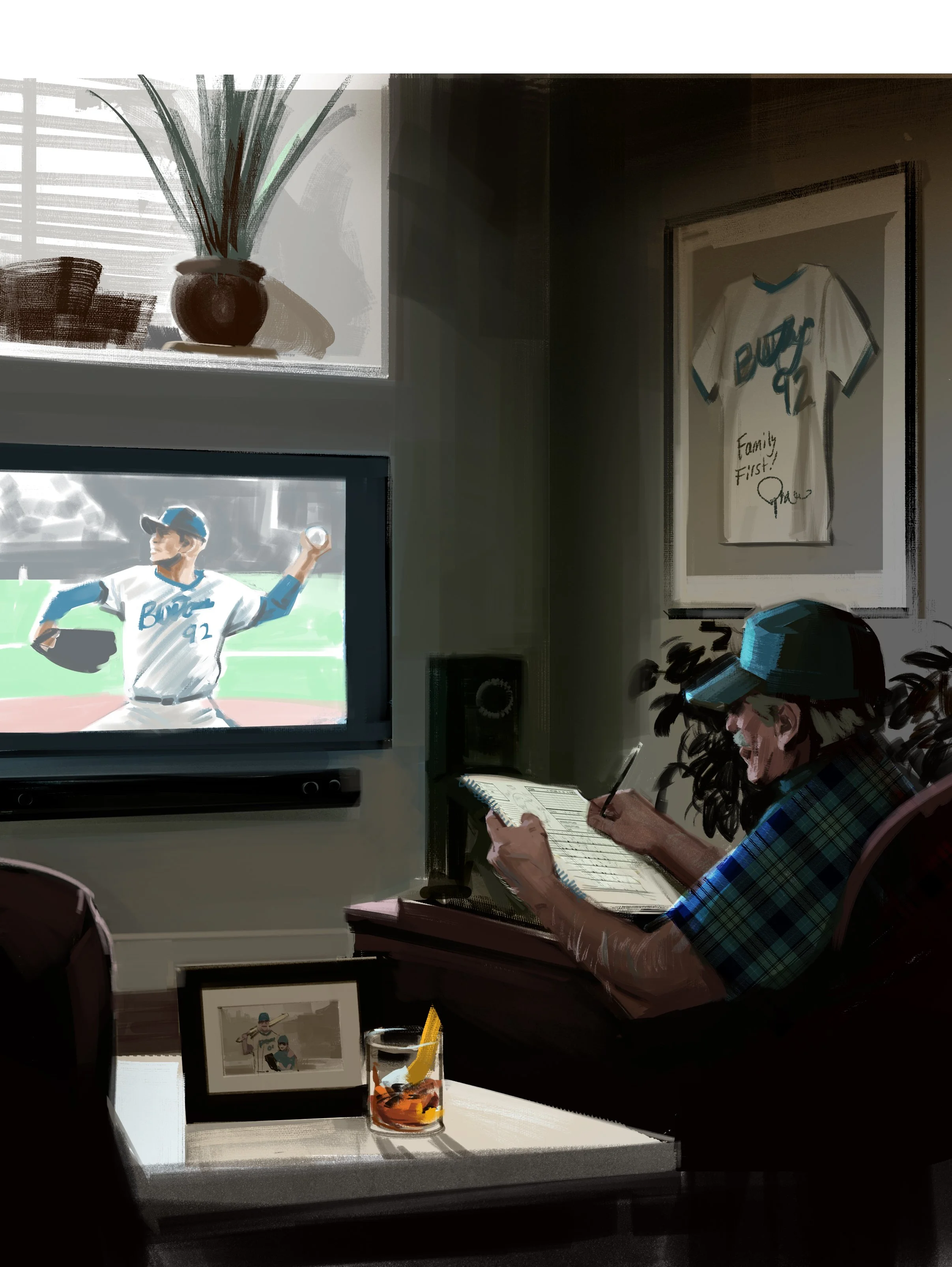  Man watching baseball concept art for Knob Creek ad pitch presentation boards. Advertising concept art by Paul Temple, Concept Artist and Illustrator. Located in Kansas City.  