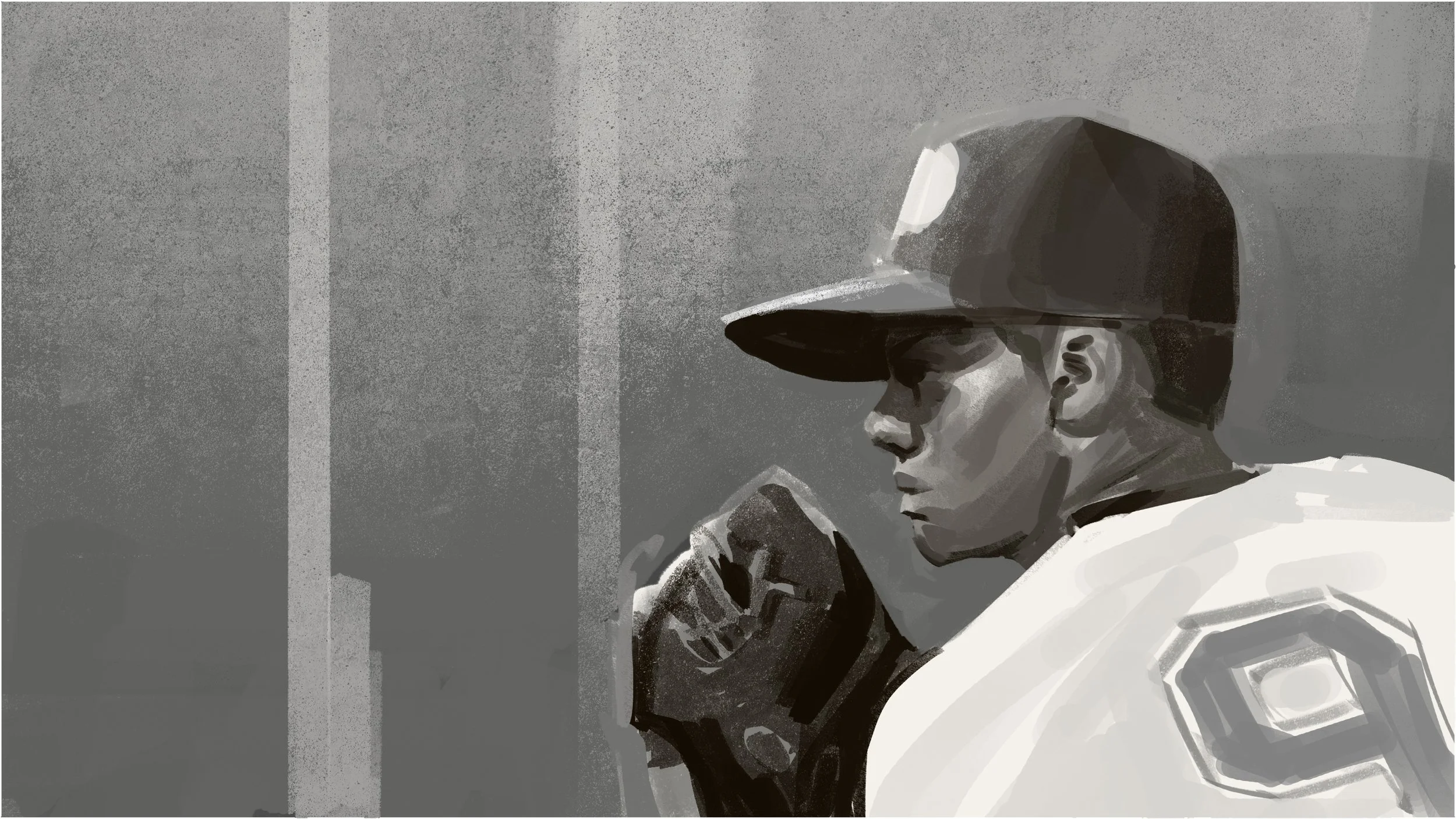  Young pitcher playing baseball illustration for local Kansas City insurance ad pitch. Advertising storyboard frame by Paul Temple, Storyboard Artist and Illustrator.  