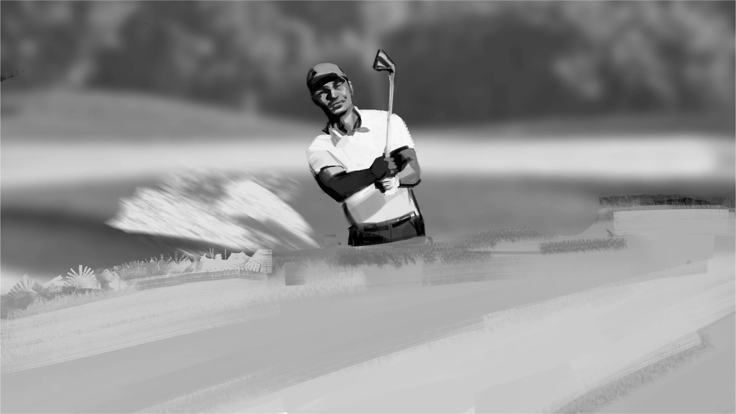  Man playing golf illustration for local Kansas City insurance company ad pitch presentation boards. Advertising storyboard frame by Paul Temple, Storyboard Artist and Illustrator.  