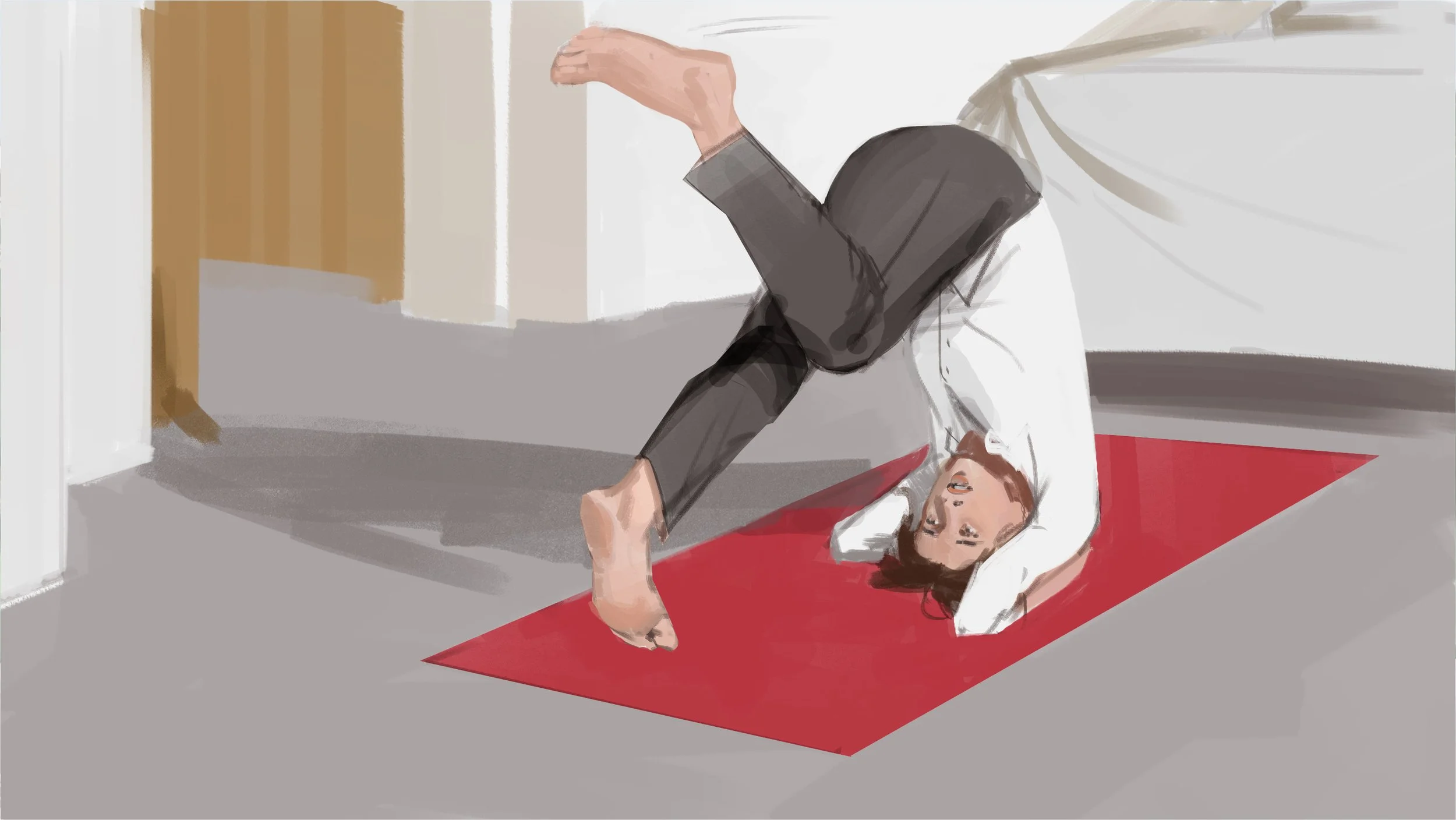  Woman doing yoga illustration for Marriot Hotel ad pitch presentation boards. Advertising storyboard frame by Paul Temple, Storyboard Artist and Illustrator.  