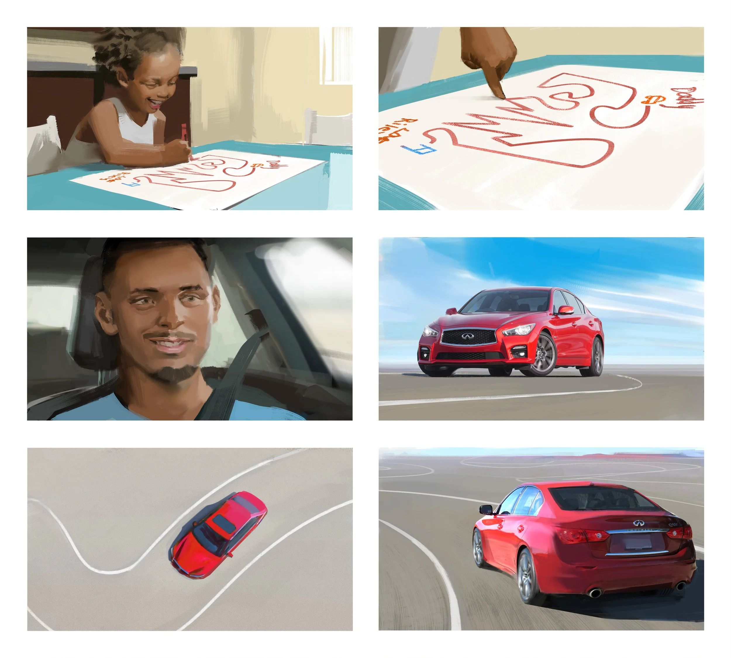  Series of images showing Steph Curry driving wherever girl draws for Infiniti cars ad pitch. Storyboard frame by Paul Temple, Storyboard Artist and Illustrator.  