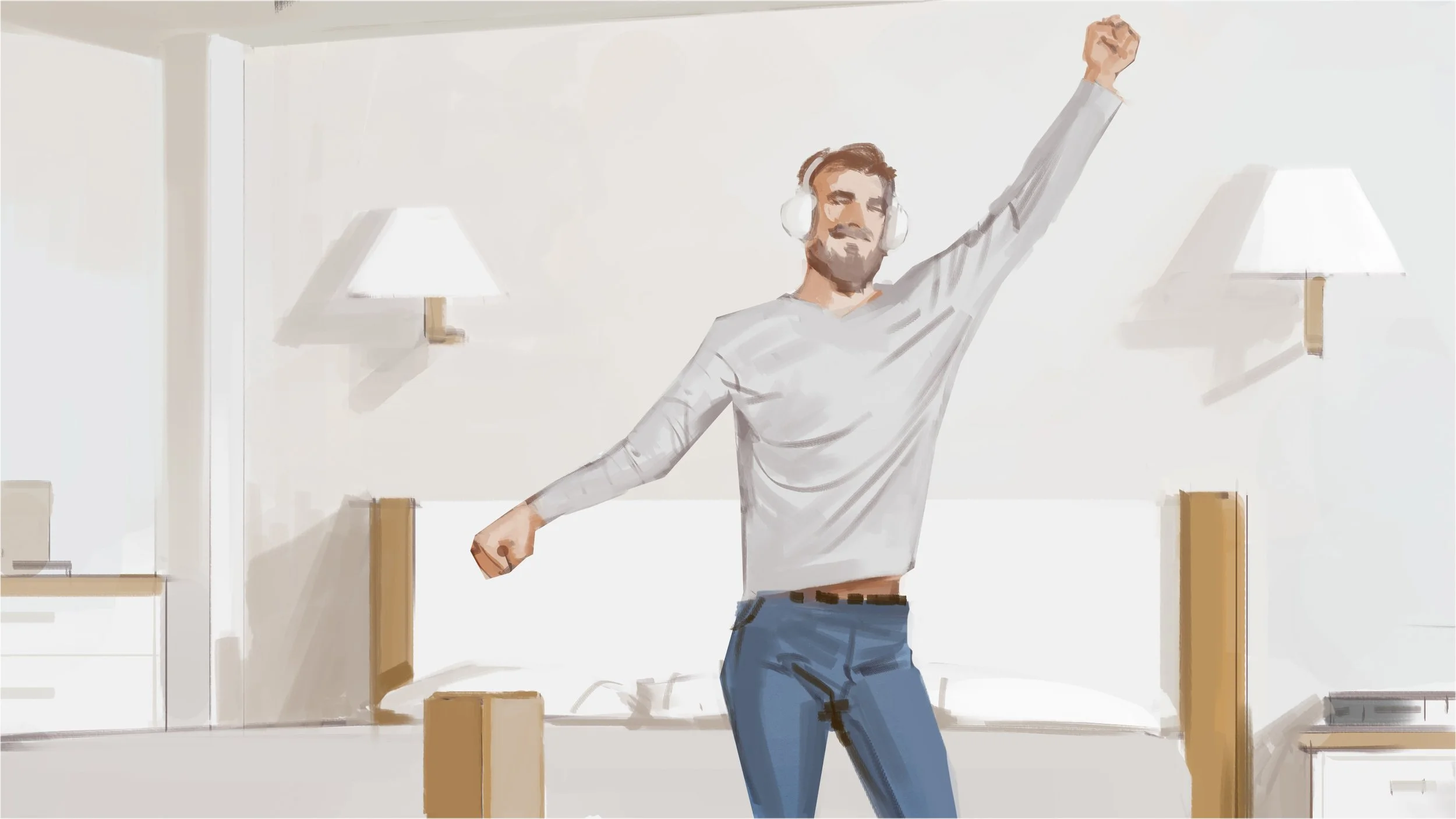  Man stretching in the morning illustration for Noom ad pitch presentation boards. Advertising storyboard frame by Paul Temple, Storyboard Artist. 