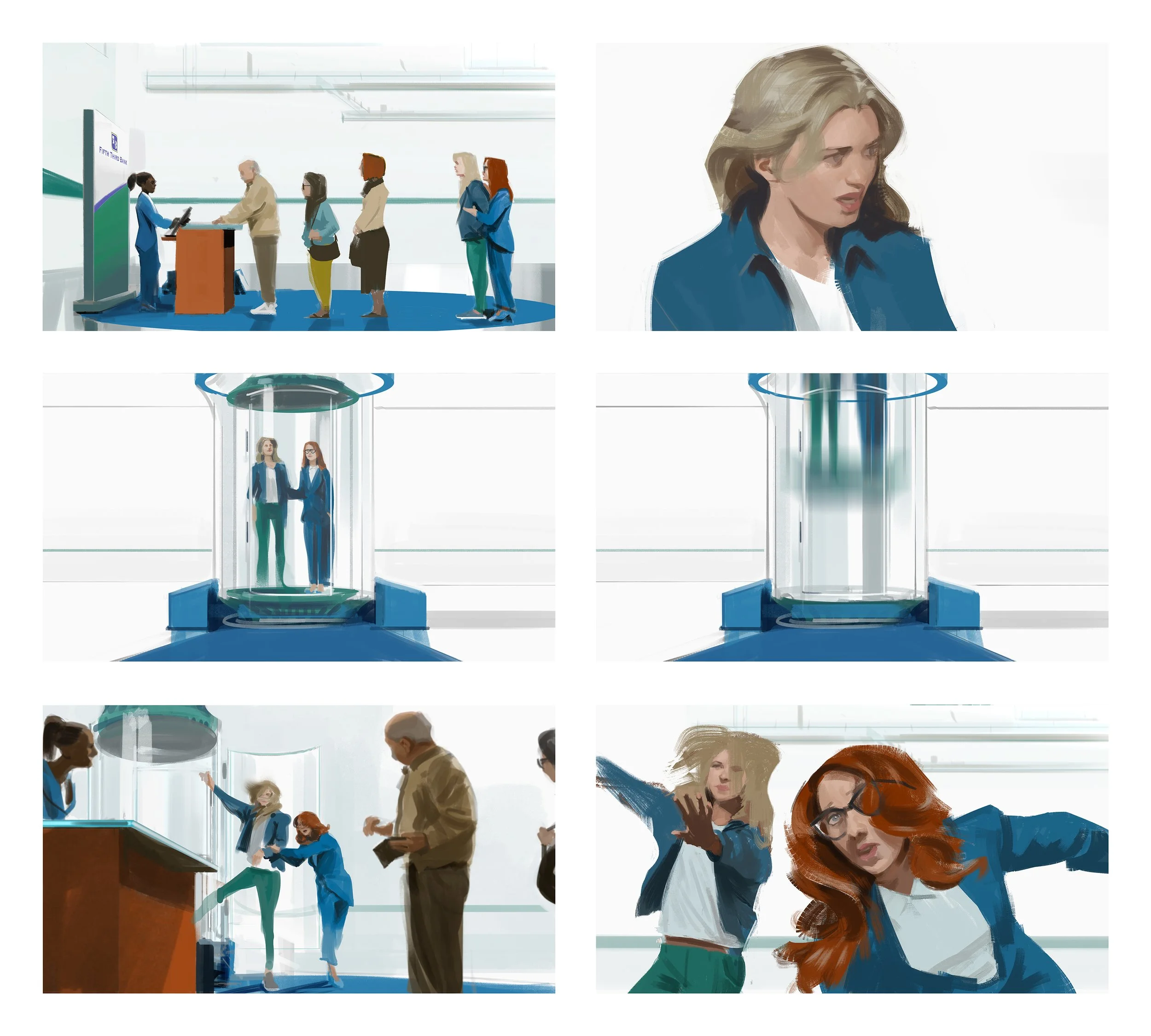  Series of images showing two women going through a bank tube for Fifth Third Bank ad pitch. Advertising storyboard frame by Paul Temple, Storyboard Artist and Illustrator.  