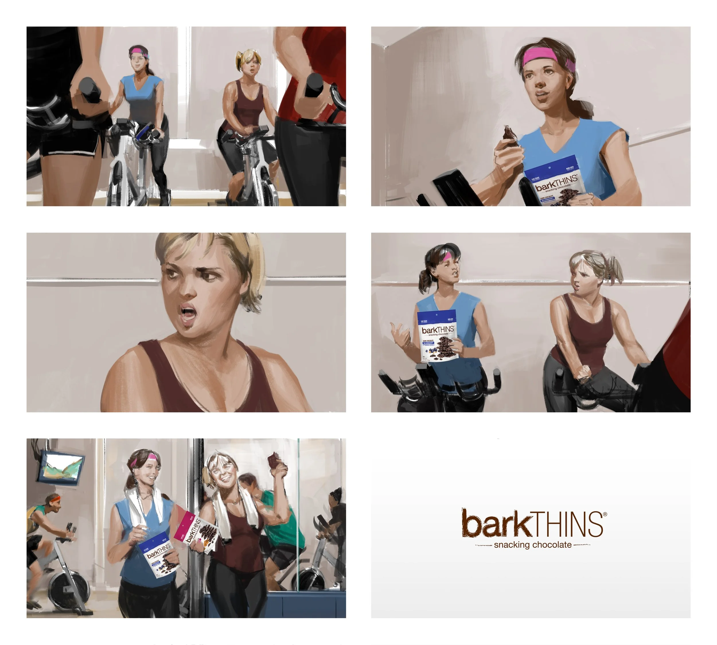  Series of images showing two women working out and eating BarkThins for a Bark Thins ad pitch presentation board. Storyboards by Paul Temple, Artist and Illustrator.  