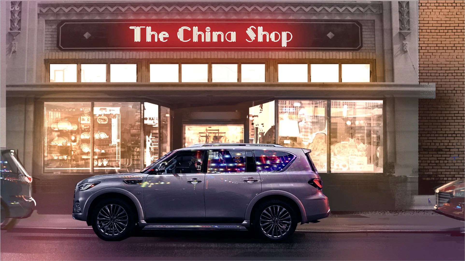  Car outside of “The China Shop” illustration for Infiniti cars ad pitch presentation boards. Advertising storyboard frame by Paul Temple, Storyboard Artist and Illustrator.  
