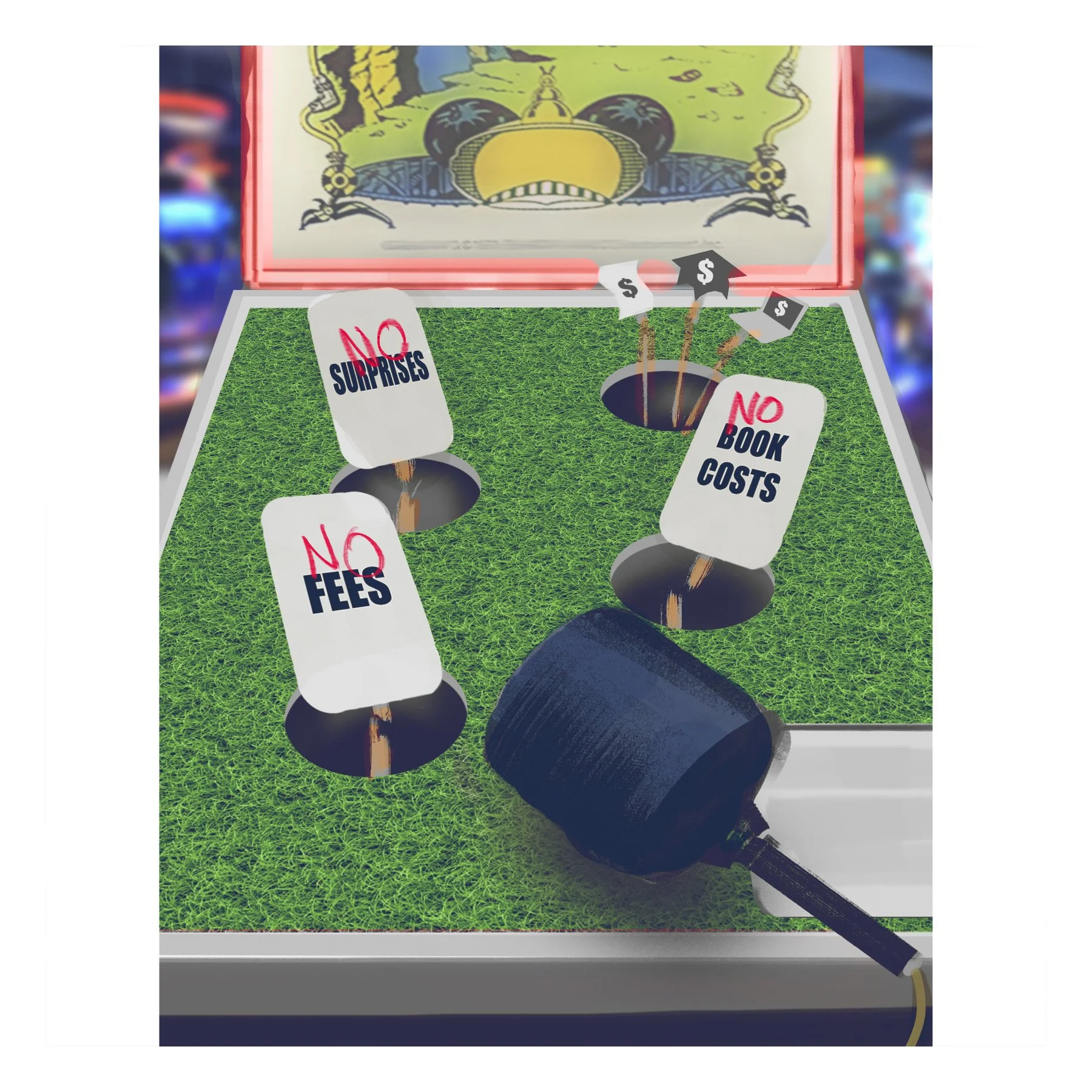  “No fees” wack-a-mole game concept art for a university ad pitch. Advertising concept art by Paul Temple, Artist and Illustrator.  