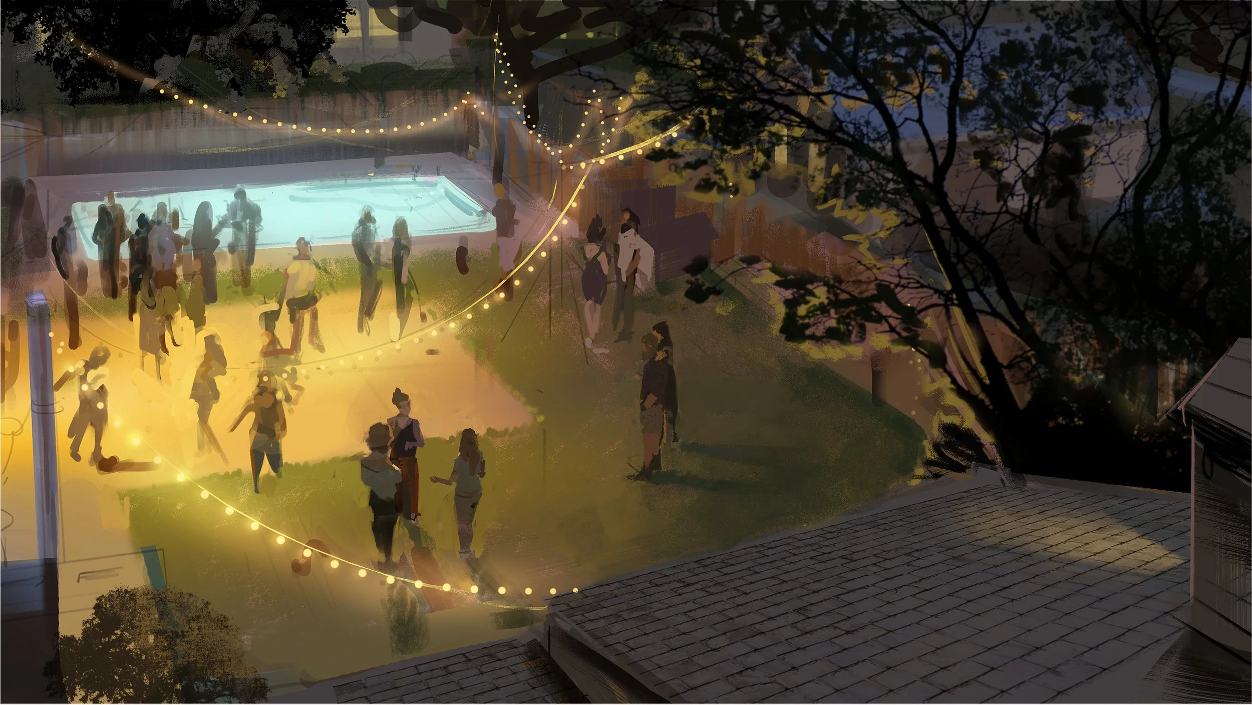  Backyard party illustration for Rinvoq prescription ad pitch presentation boards. Advertising storyboard frame by Paul Temple, Storyboard Artist. 
