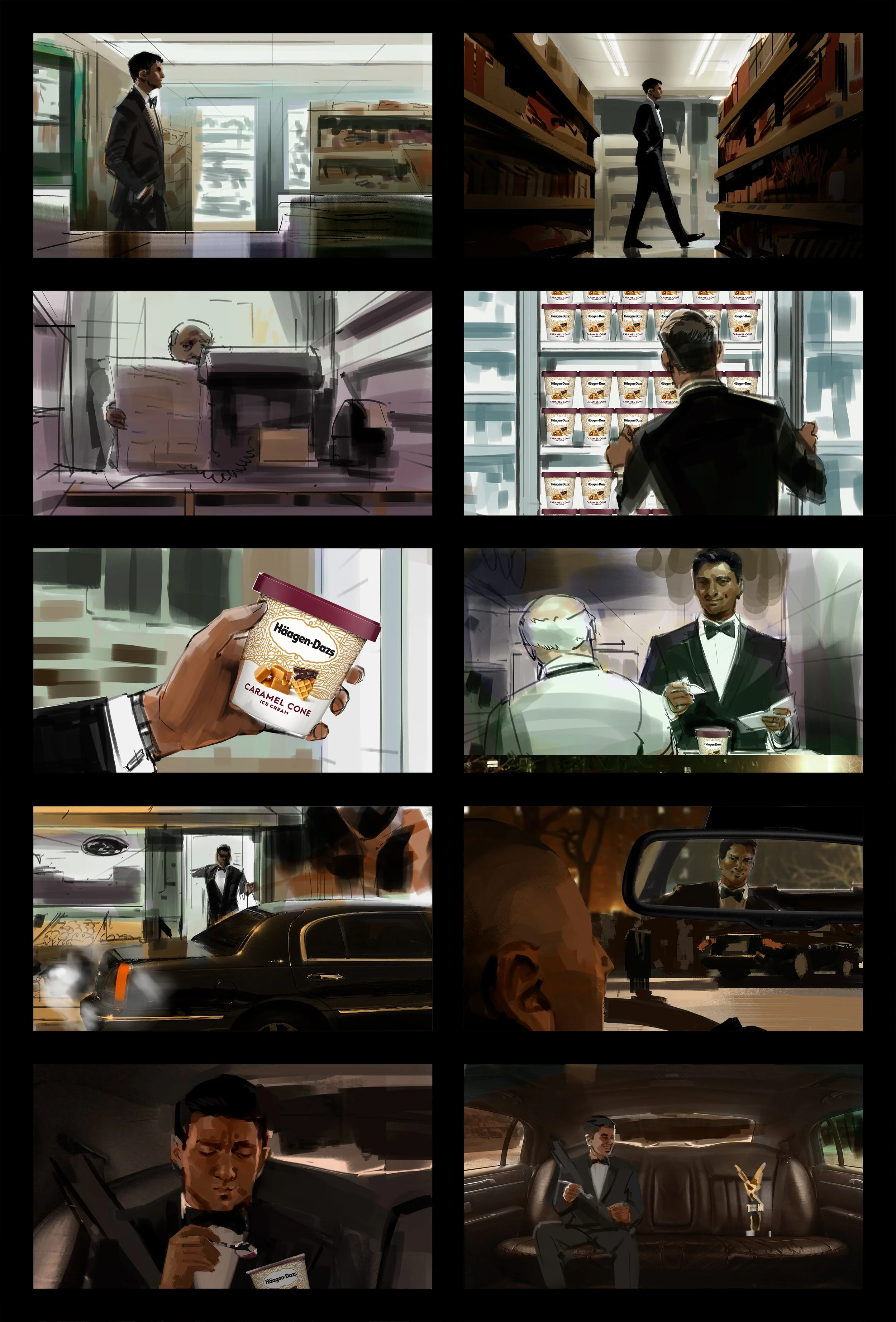  Series of images showing an Oscar winner going on a convenience store run to by Haagen-Dazs ice cream for a  Haagen-Dazs ad pitch presentation board. Storyboards by Paul Temple, Storyboard Artist.  