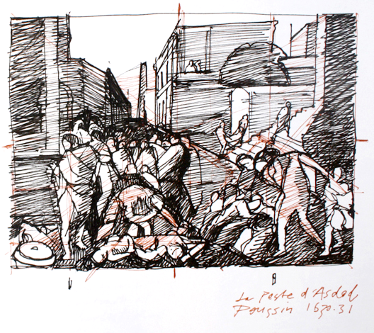 Study of Poussin's "Plague of Ashdod", 8" x 10", Faber Castell pens in sketchbook
