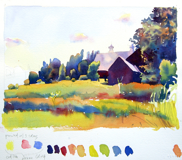 Susan Abbott, watercolor study with limited primary palette of Cadmium Lemon, Alizarin Crimson, and Cobalt Blue