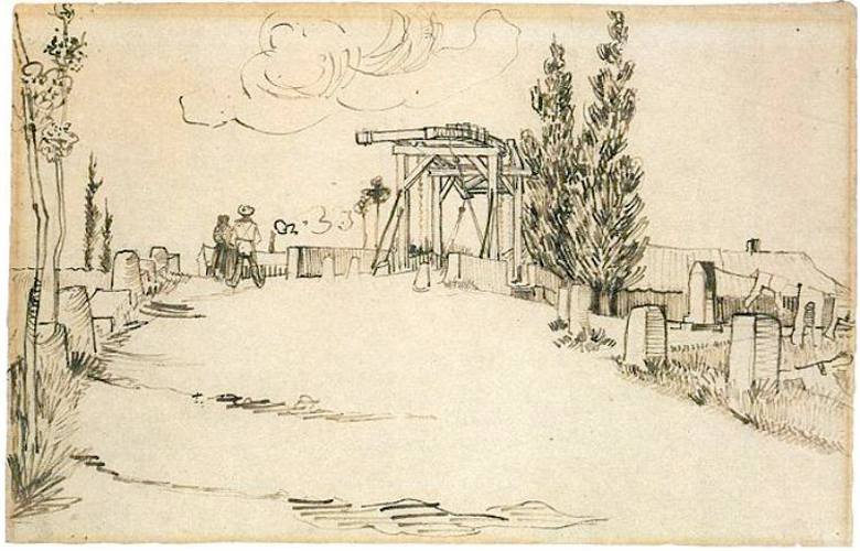 Van Gogh, "The Langois Bridge at Arles", reed pen and ink, 1888