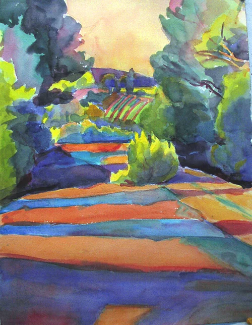 Abbott, "Looking towards Vineyards, Provence", watercolor
