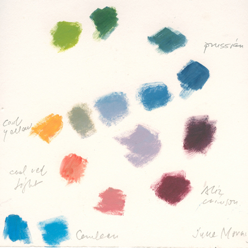 Oil swatches mixed with Cadmium Yellow, Perm. Alizarin Crimson, Prussian Blue, and Cerulean Blue.
