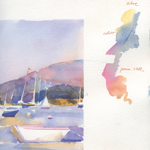 A Maine seascape painted with Yellow Ochre, Cobalt Blue, and Permanent Rose watercolors