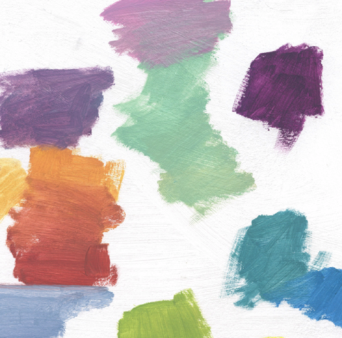 Swatches of Permanent Rose, Yellow Ochre, and Cerulean Blue oils from a Maine landscape study