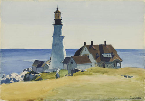 Edward Hopper, "Light House and Building, Portland", watercolor