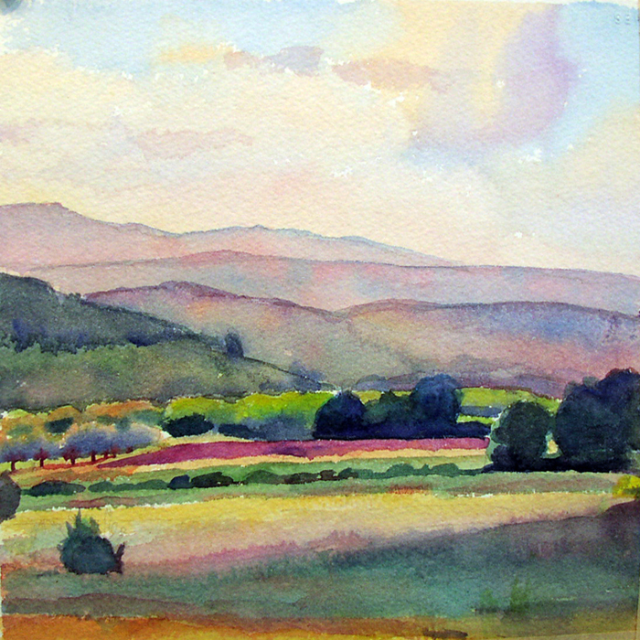 Susan Abbott, "Fields at Dusk, Provence", watercolor
