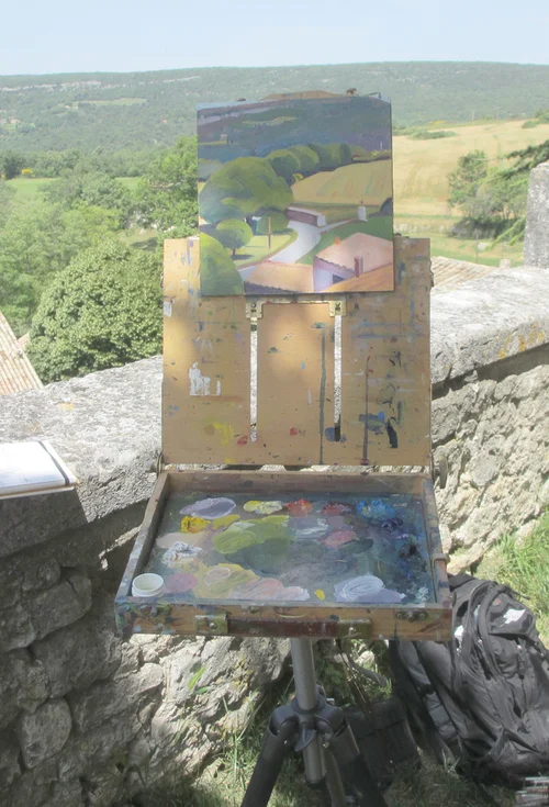 My Artwork Essentials pochade box and back pack that holds tripod, paint, brushes and solvent.