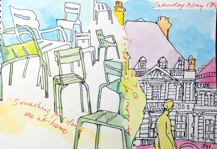 Sanguine and black Faber Castell Pitt pens and watercolor in 7" x 9" Holbein sketchbook
