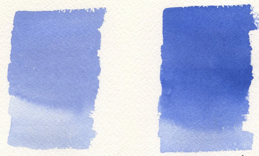 Schmincke Cobalt Blue Light watercolor (left) and Winsor Newton Ultramarine Blue watercolor (right)