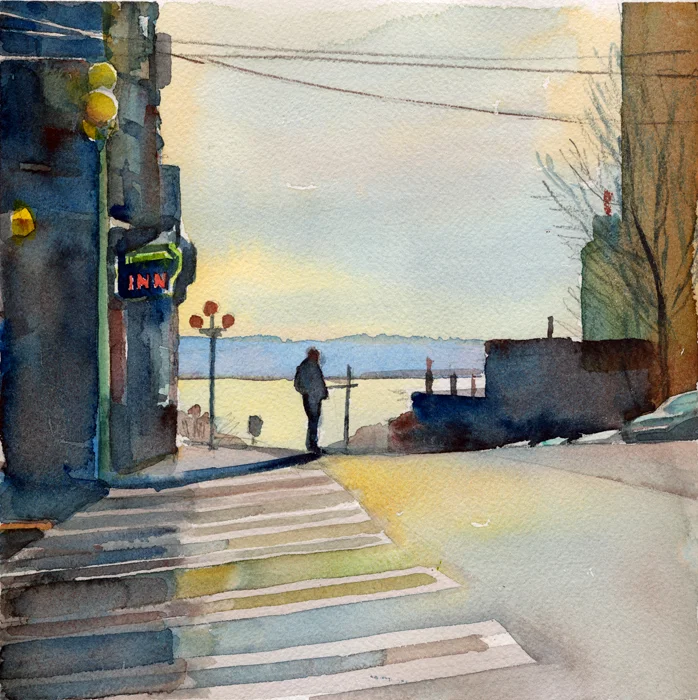 Susan Abbott, “Seattle Street Corner”, watercolor on paper
