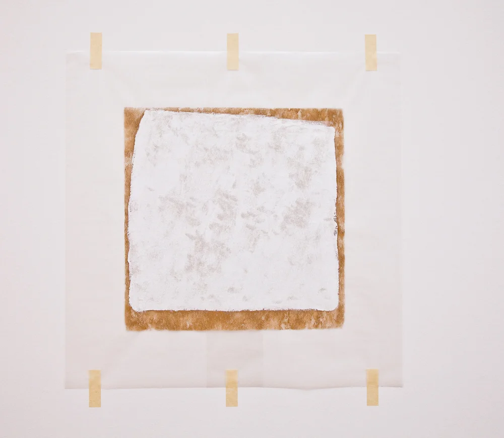 Robert Ryman, “Surface Veil”, oil on fiberglass with waxed paper frame and masking tape