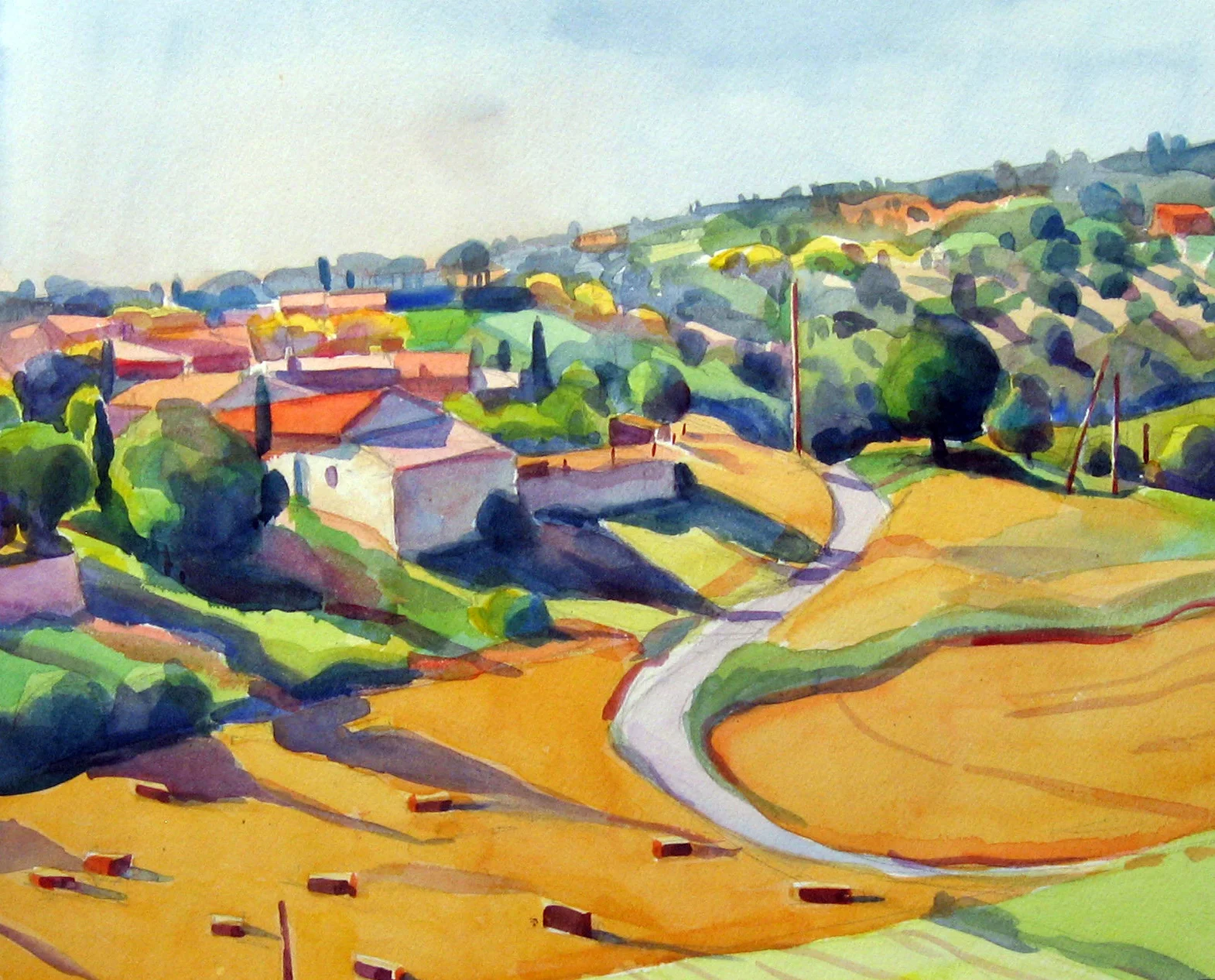 "Farmhouse and Fields, Provence", watercolor, 11” x 13”, framed in gold 18” x 20”, $300.00. Purchase here .