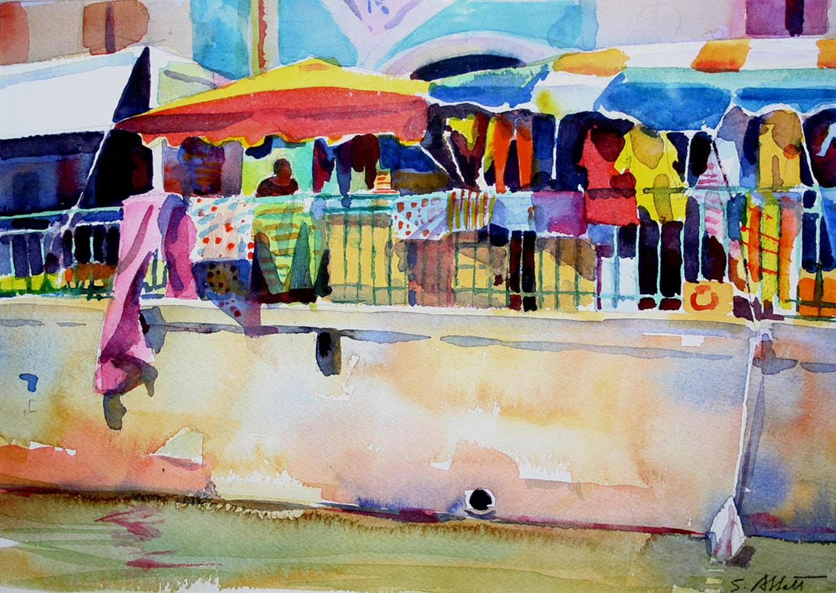 “Market Stall, Provence", watercolor, 9” x 12”, framed in maple 17” x 19, $250.00. Purchase here .