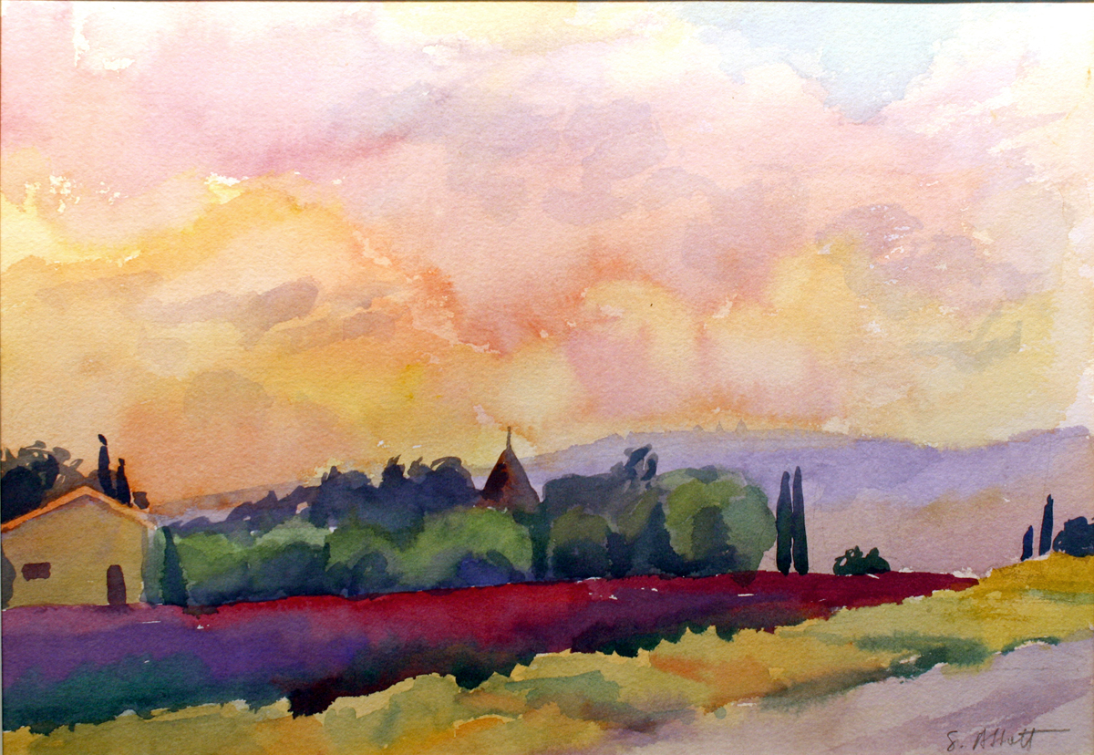 "Mill and Lavender at Sunset, Provence", watercolor, 10” x 13”, frame in gold 19” x 22”, $300.00. SOLD
