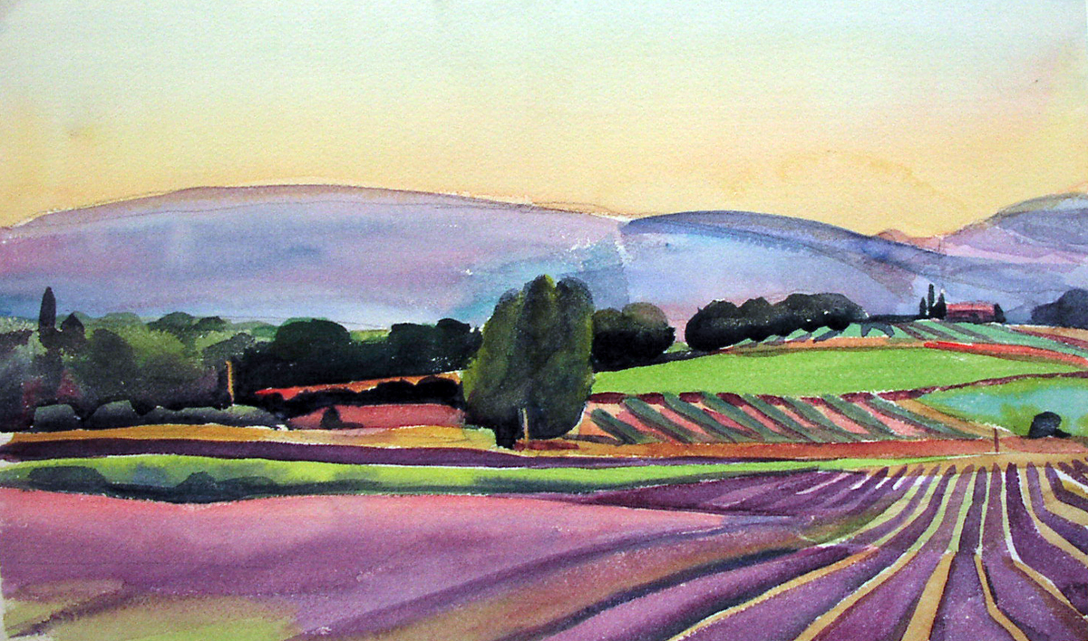 "Rows of Lavender, Twilight, Provence", watercolor, 10” x 16”, framed in maple 19” x 25”, $350.00. Purchase here . SOLD