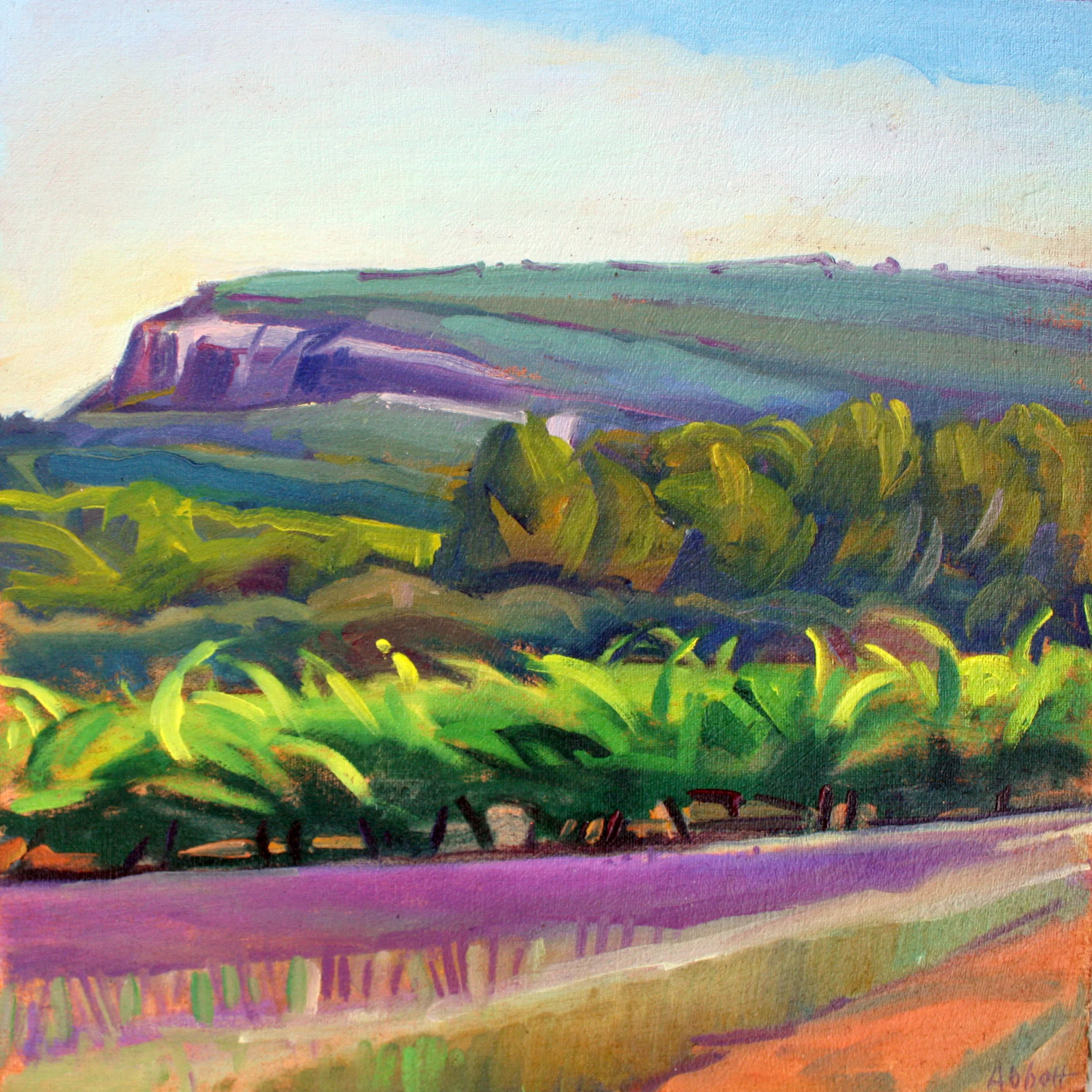 "Vineyard and Cliff, Provence", oil on linen panel, 10” x 10”, framed in gold 13” x 13”, $300.00. Purchase here. SOLD