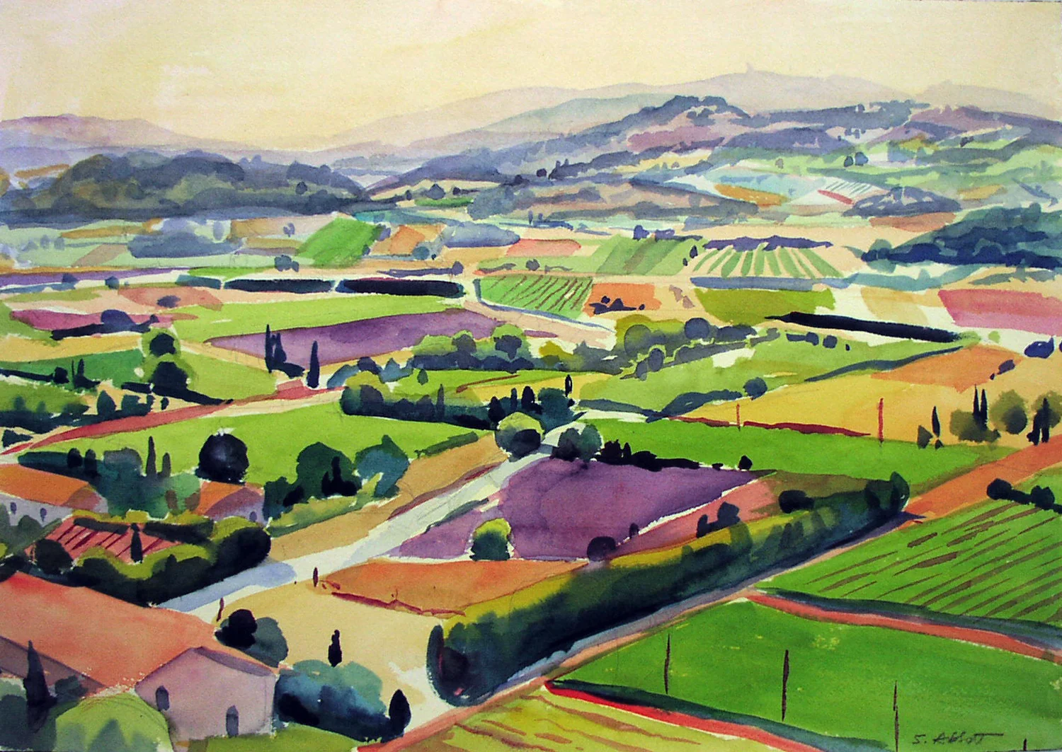 "Fields Near Gordes", watercolor, 14” x 20”, framed in maple 25” x 29”, $450.00. Purchase here .