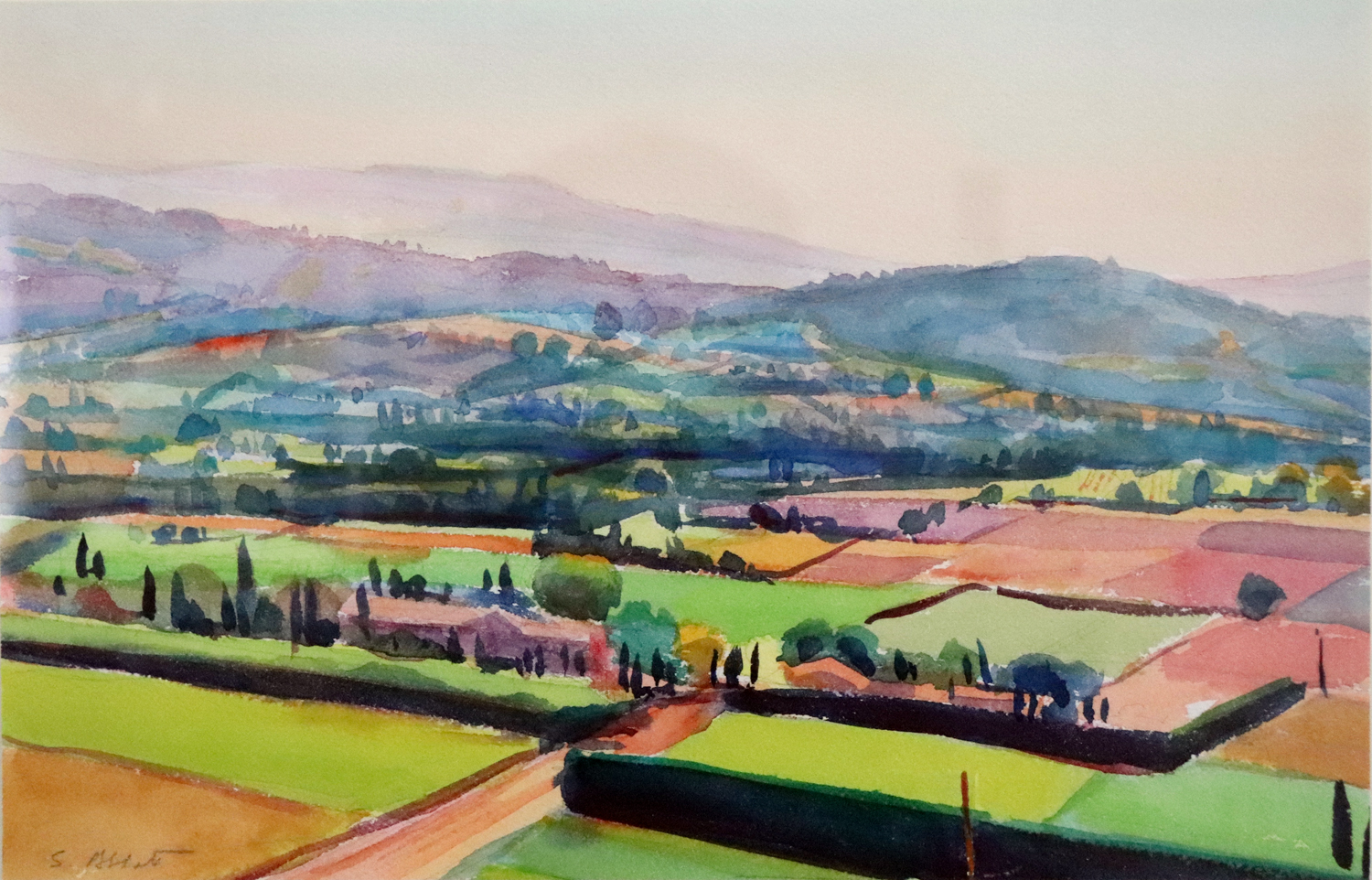 "View from Joucas", watercolor, 9” x 14”, framed in maple 19” x 25”, 400.00. Purchase here