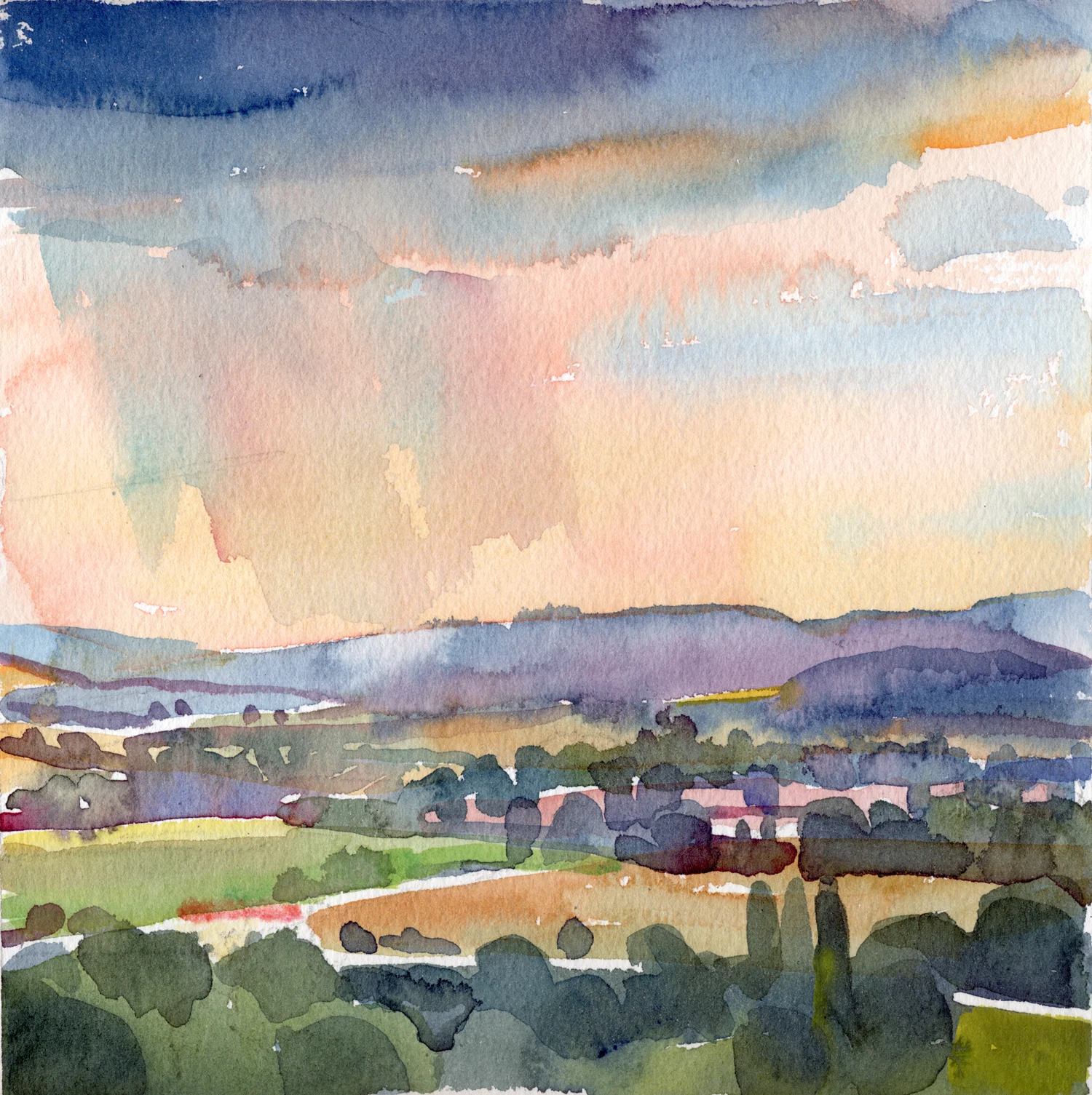 "Sudden Storm Over the Luberons", watercolor, 12” x 12”, framed in gold 15” x 15”, $290.00. Purchase here .