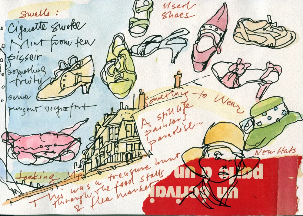 All images are from Susan Abbott’s Paris sketchbook; 7” x 9”; pen, watercolor, collage