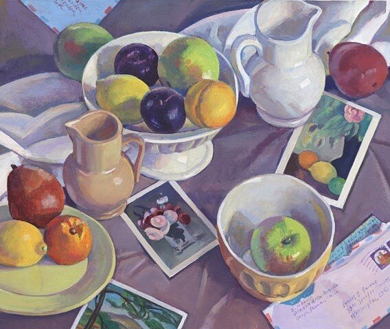 Here's another new still life, a commission for someone who loves French painting. Can you guess whose art is on the postcards?