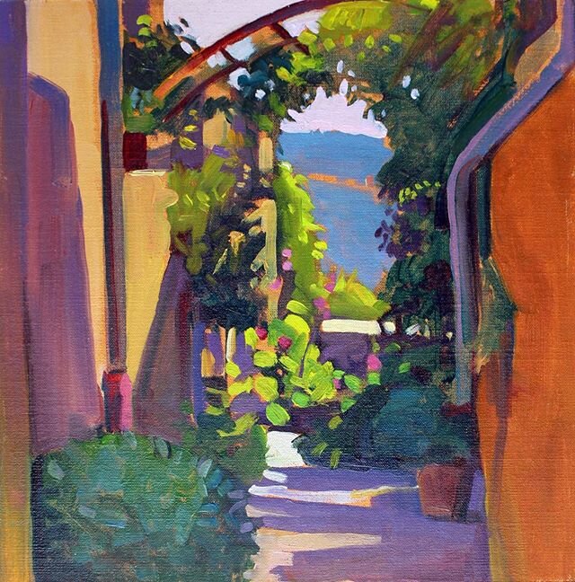 Provence villages are often built high up on hills, and full of intimate cul-de-sacs with views out to a blue mountain in the deep distance.
&quot;Alley in Viens&quot;, 12&quot; x 12&quot;, oil on linen panel (sold)