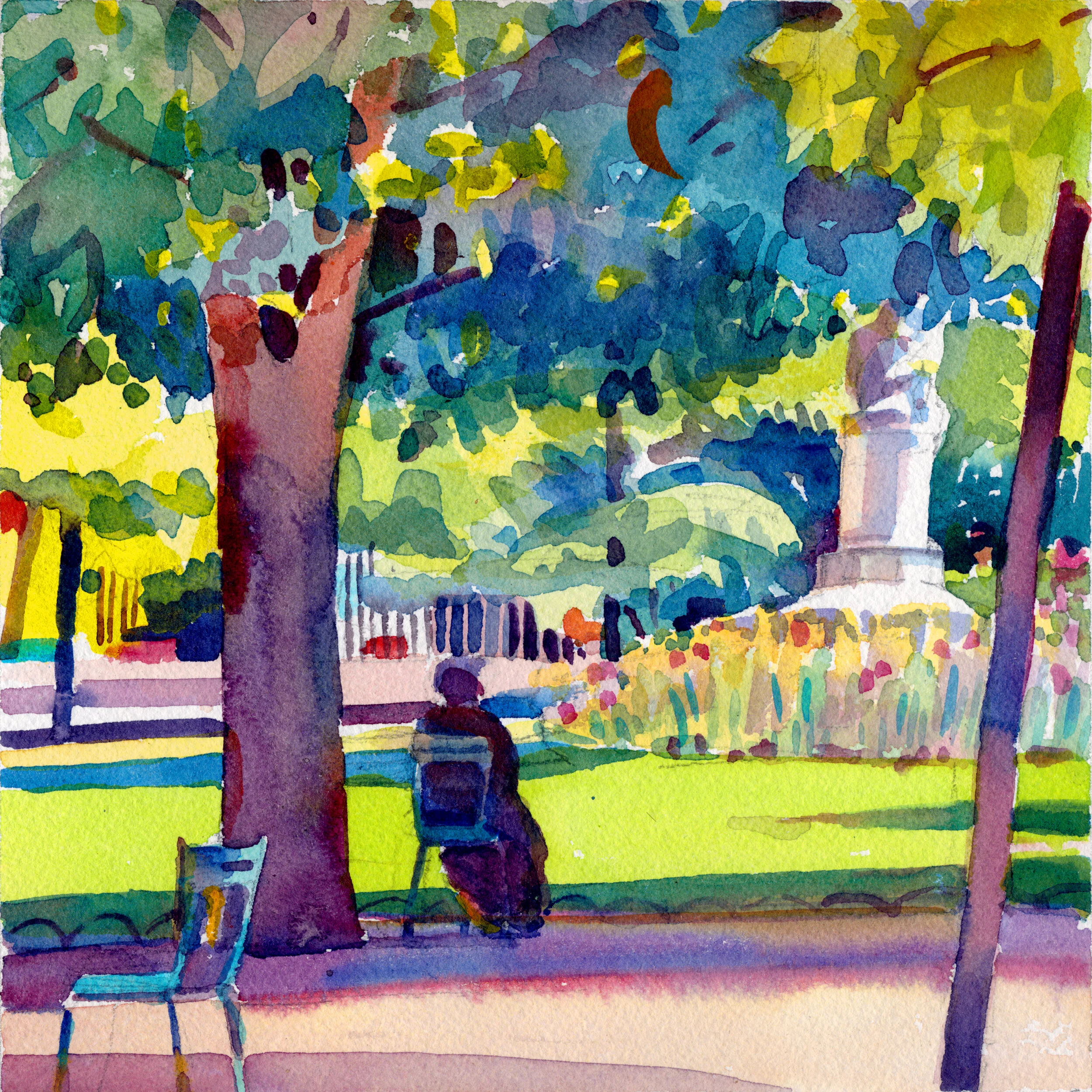 Susan Abbott, “Sun and Shade, Luxembourg Gardens”, 8” x 8”, watercolor