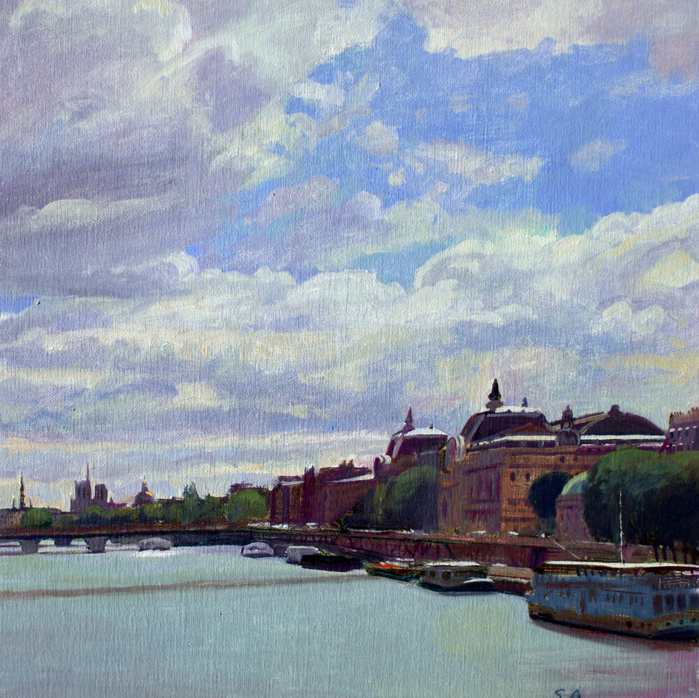 Susan Abbott, “The Seine Towards Musee D’Orsay”, Oil on panel, 12” x 12”