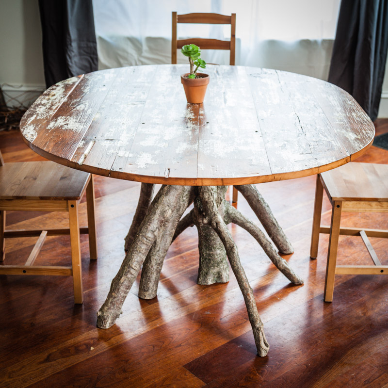 Salvaged barn wood - inverted tree table by valebruck.com