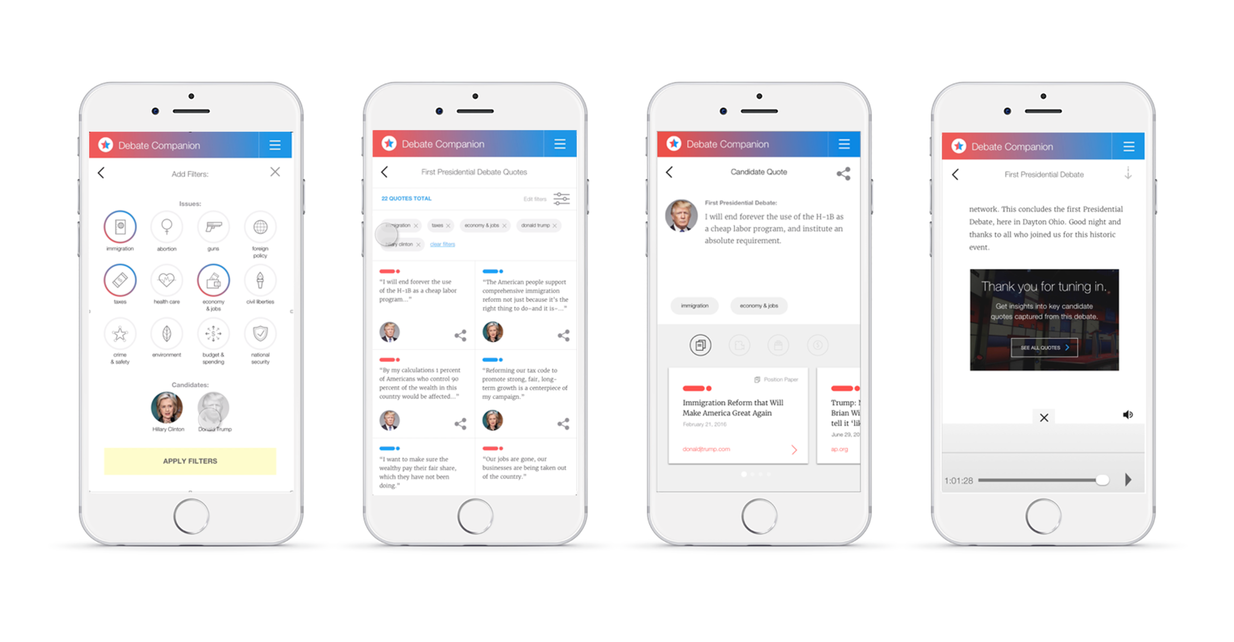 This app’s ability to mine the political landscape enabled the politically curious to parse vast amounts of video and written data to find content of interest using a natural interface. Users can watch and listen to debates, while a feed of issues a