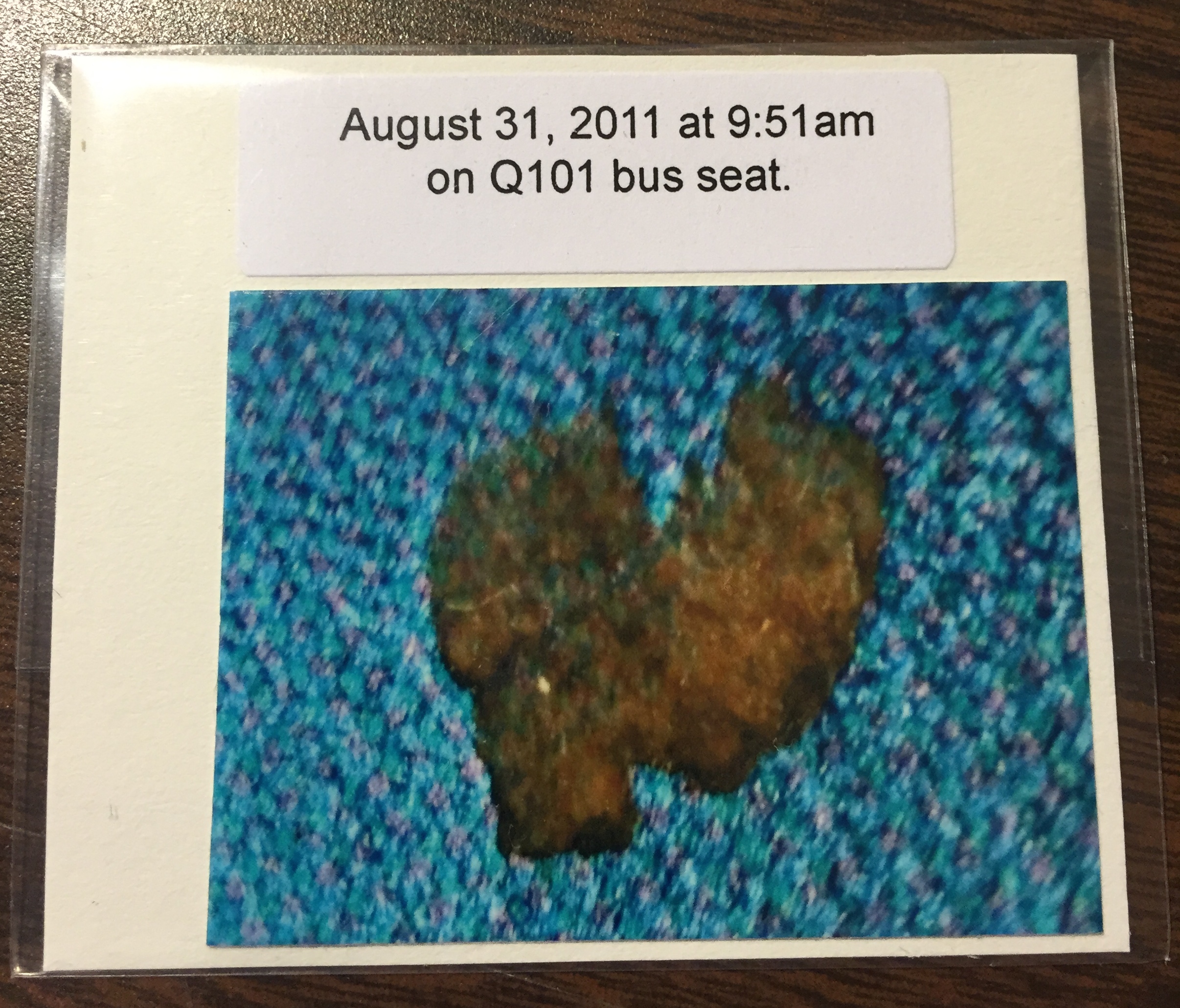 Often, Gum sticks on the velvet bus seat in NYC. Not easy to take a photo in moving bus.