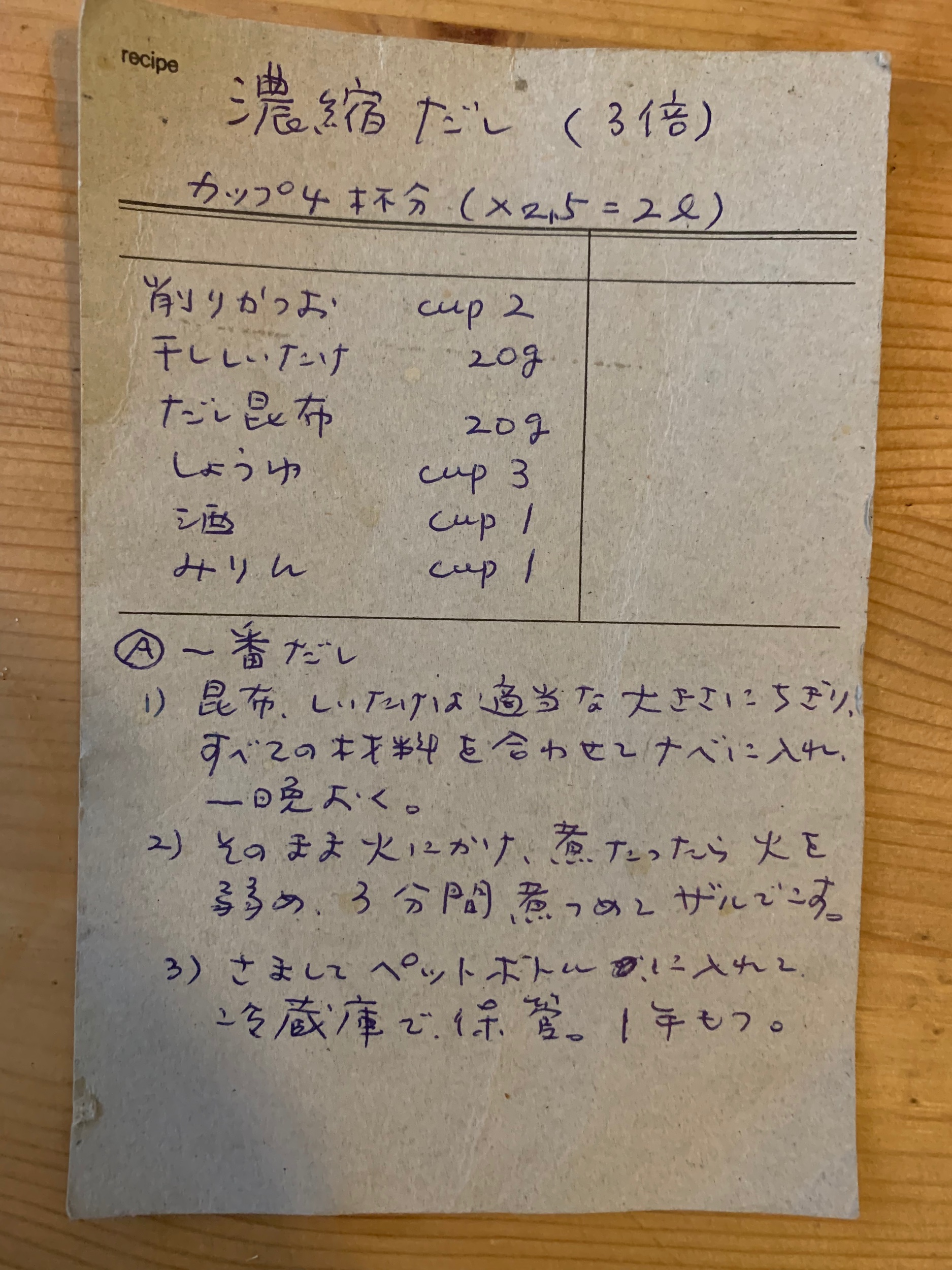Keiko recipe, noodle soup base, ichibsn dashi, last a year in a fridge.